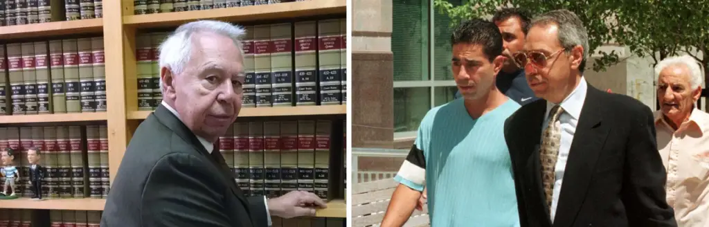 Joe Santaguida at his law offices (left) and walking into an Atlantic City Municipal court with "Skinny Joey" Merlino in 1998