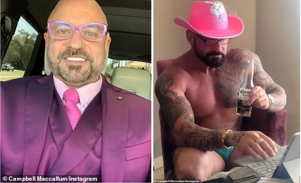 Campbell MacCallum pictured in his famous purple suit and at home during a lighthearted 'quarantine' photo.
