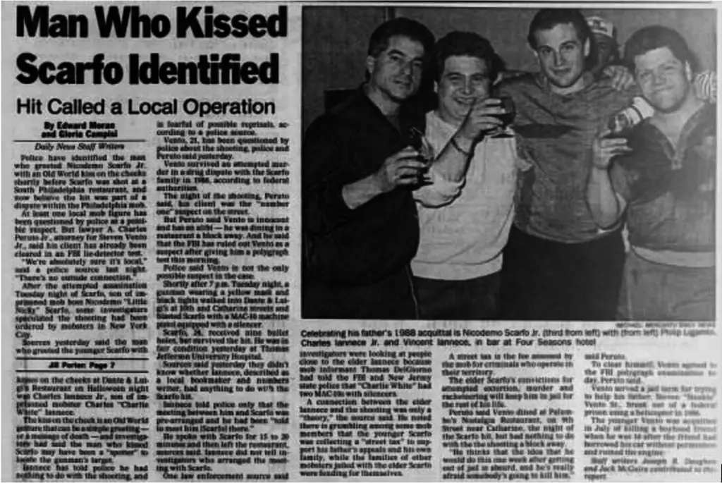 Philadephia Daily News, 11-3-1989. Charles Iannece Jr. is 2nd from left, next to him, 3rd from the left is Nicky Scarfo Jr.